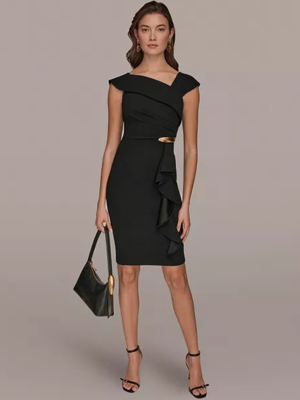 Donna Karan New York Women's Short Sleeve Asymmetric Ruffle Sheath Dress Size 4